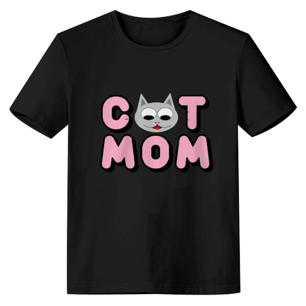 Adult Women Cute Cat Mom Letter Pet Lover Black T-shirt Costume