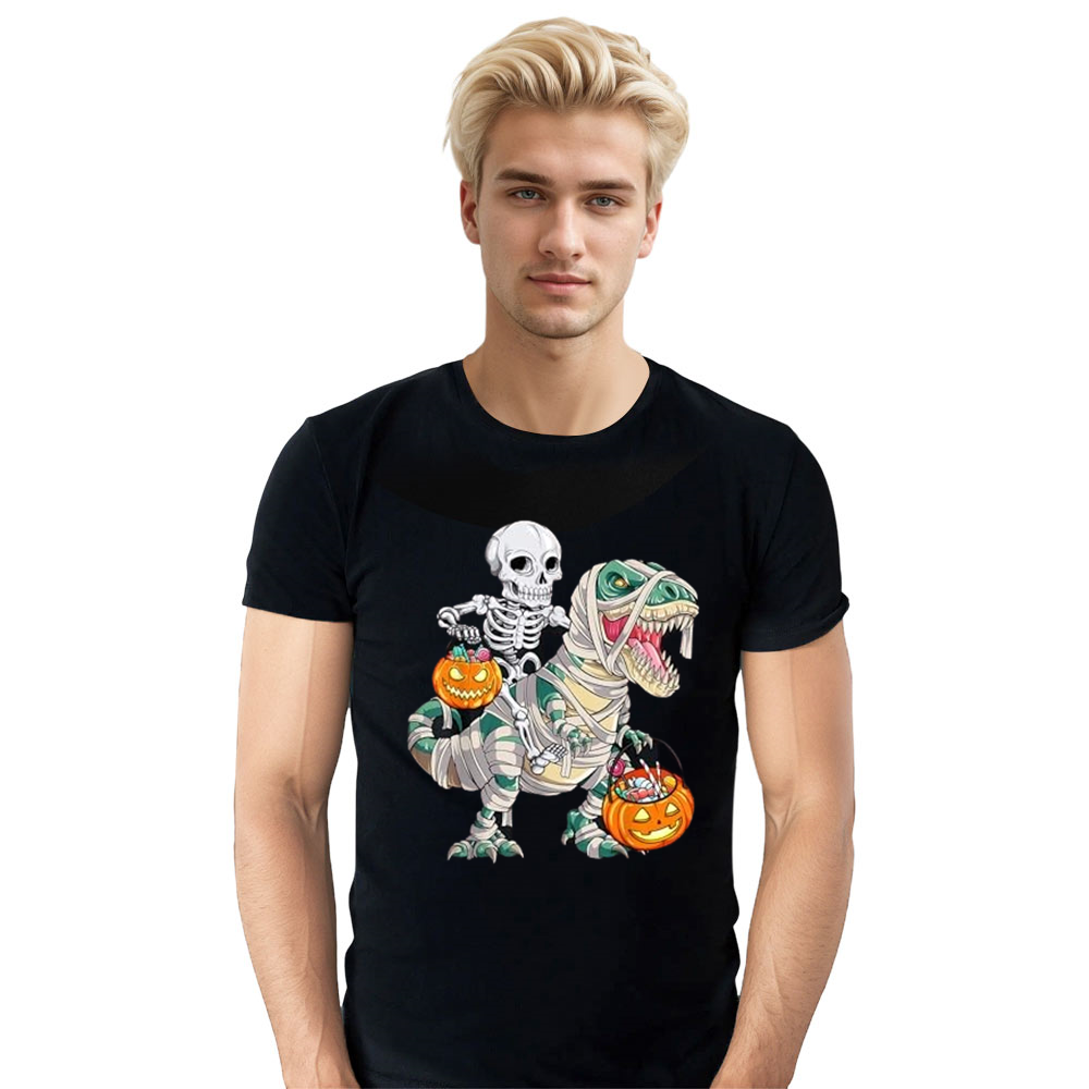 Adult Unisex Skeleton Riding Mummy Dinosaur Funny Halloween Black T-shirt Costume