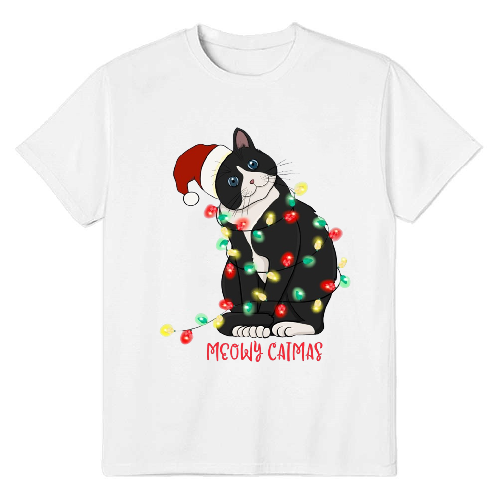 Adult Unisex Xmas Christmas Black Cat Festival White T-shirt