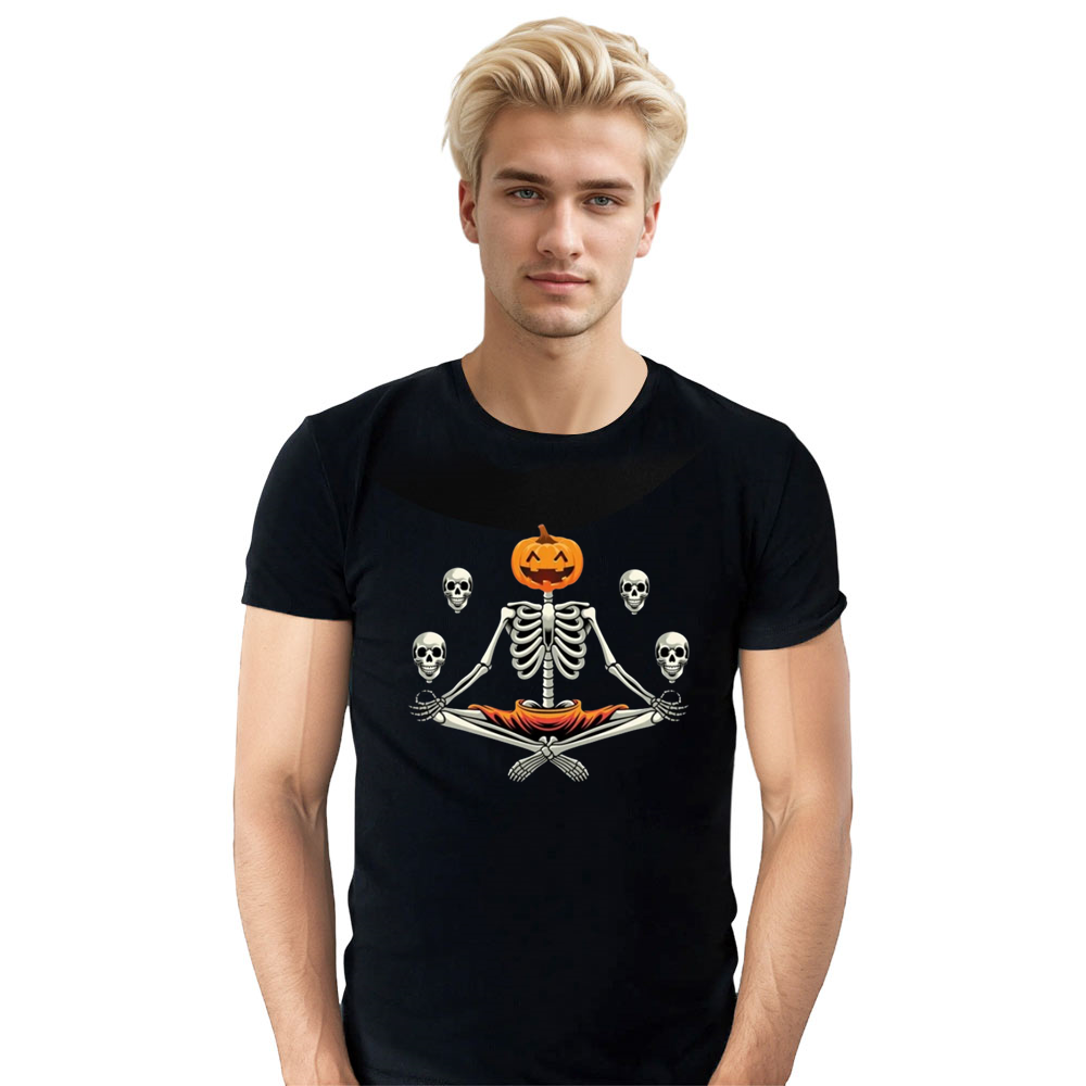 Adult Unisex Halloween Pumpkin Skull Black T-shirt Costume