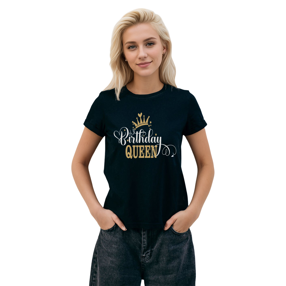 Adult Woman Birthday Queen Birthday Party Black Short Sleeve T-shirt 