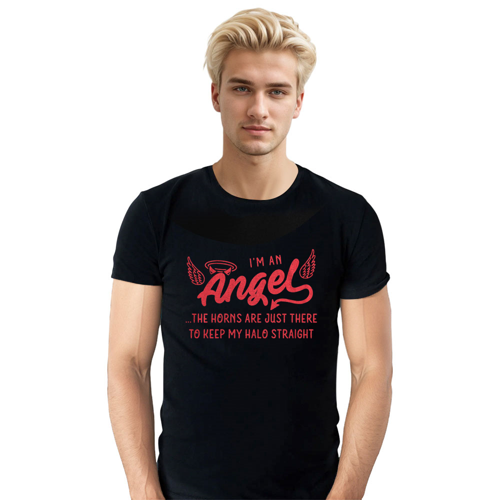 Adult Unisex Devil Angel Horns Keeping Halo Straight Halloween Black T-shirt Costume