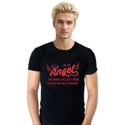 Adult Unisex Devil Angel Horns Keeping Halo Straight Halloween Black T-shirt Costume