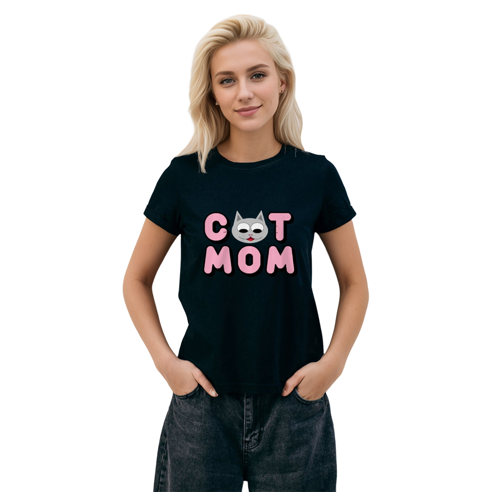 Adult Women Cute Cat Mom Letter Pet Lover Black T-shirt Costume