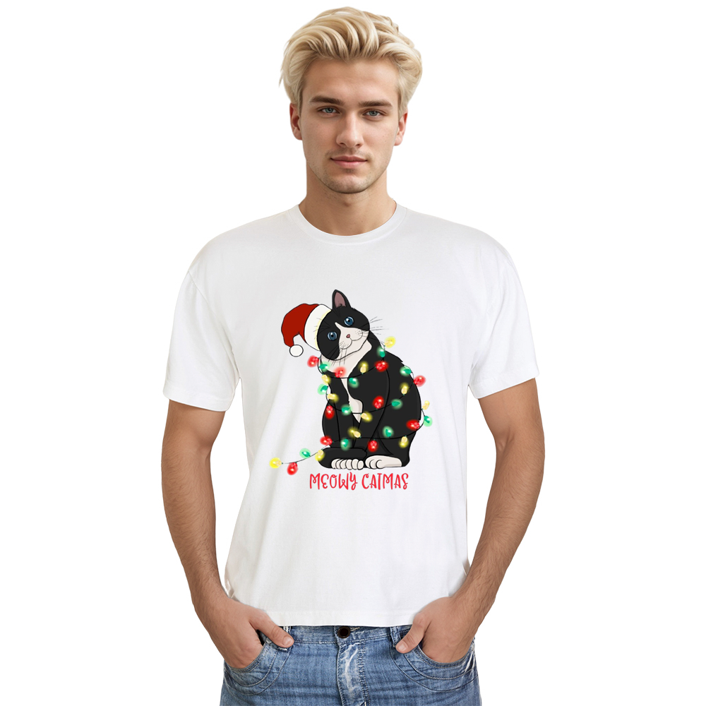 Adult Unisex Xmas Christmas Black Cat Festival White T-shirt