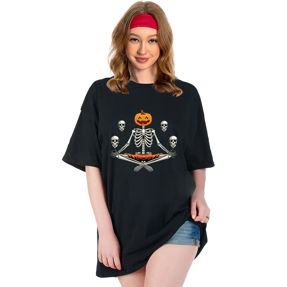 Adult Unisex Halloween Pumpkin Skull Black T-shirt Costume