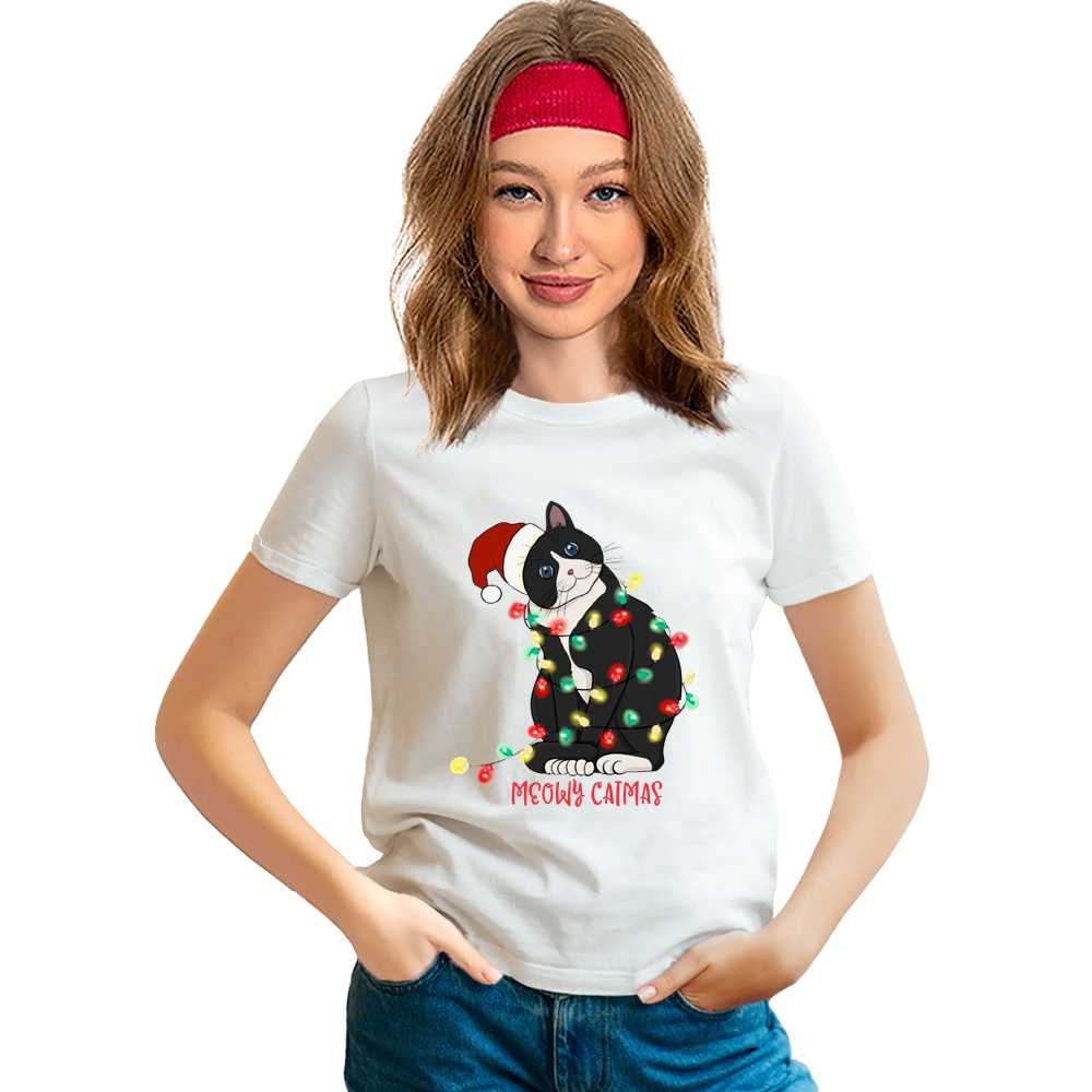 Adult Unisex Xmas Christmas Black Cat Festival White T-shirt