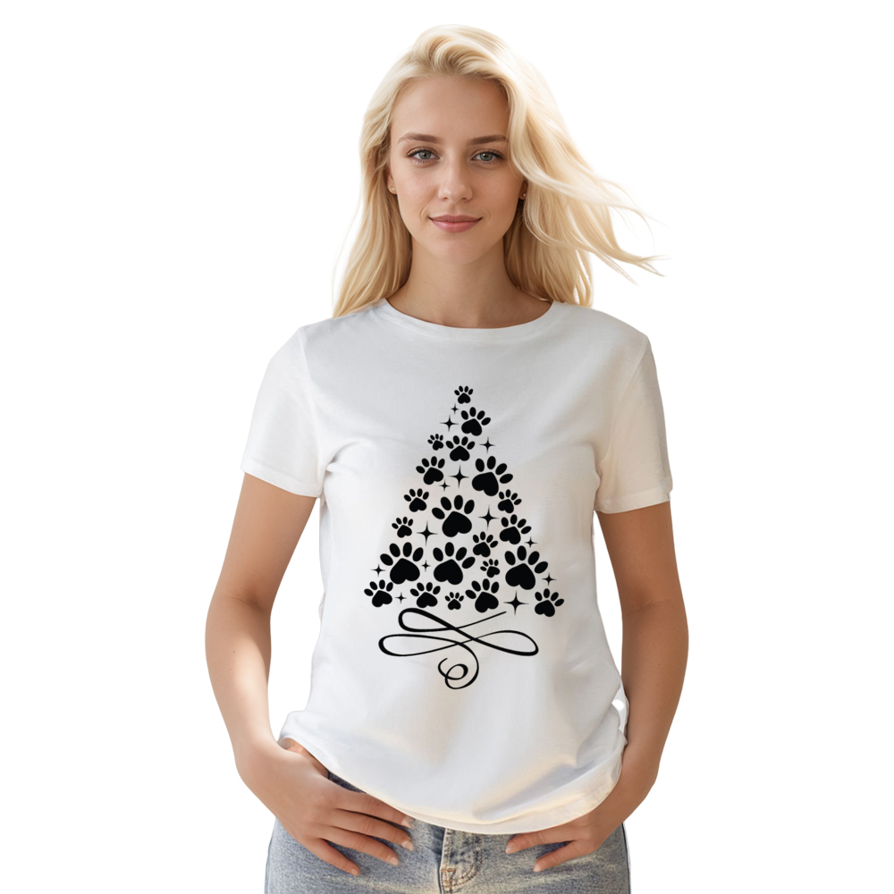 Adult Unisex Cat Paw Christmas Tree Xmas White Festival T-shirt