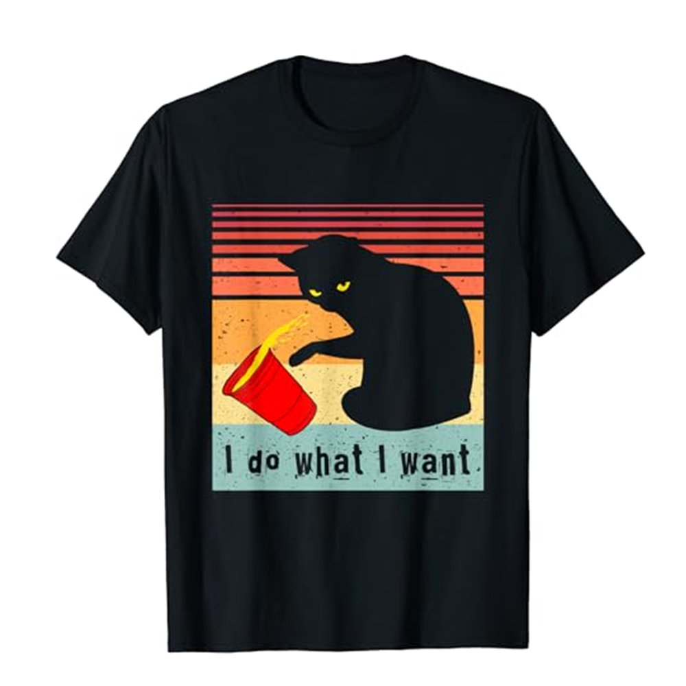 Adult Unisex I Do What I Want Vintage Cat Black Short Sleeve T-shirt Outfits Top Costume
