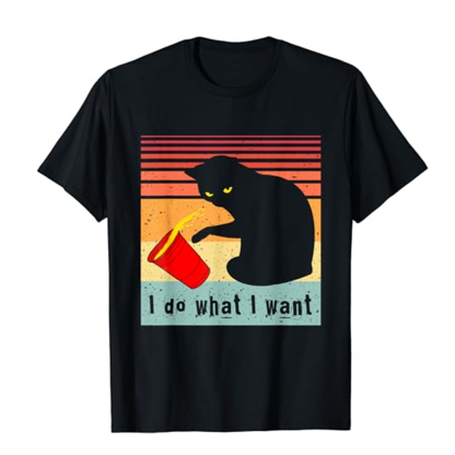 Adult Unisex I Do What I Want Vintage Cat Black Short Sleeve T-shirt Outfits Top Costume