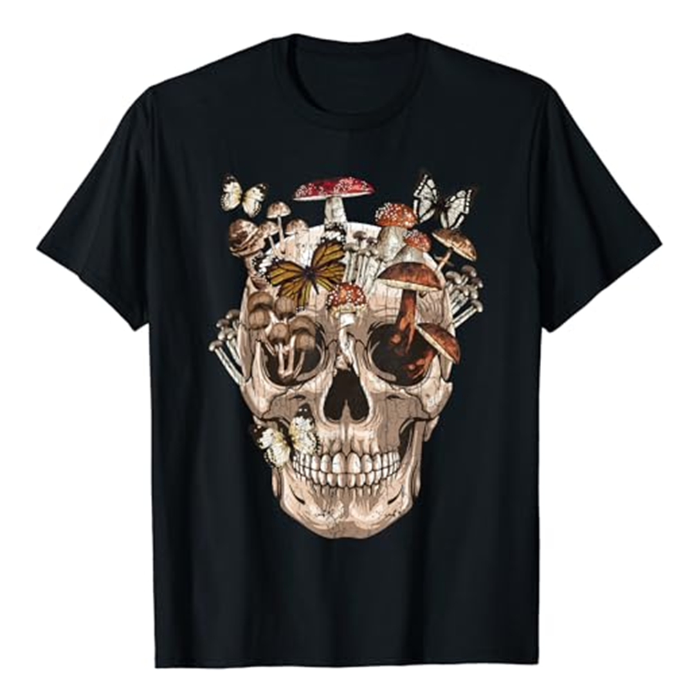 Adult Unisex Horror Mushroom Skull Halloween Black T-shirt Costume
