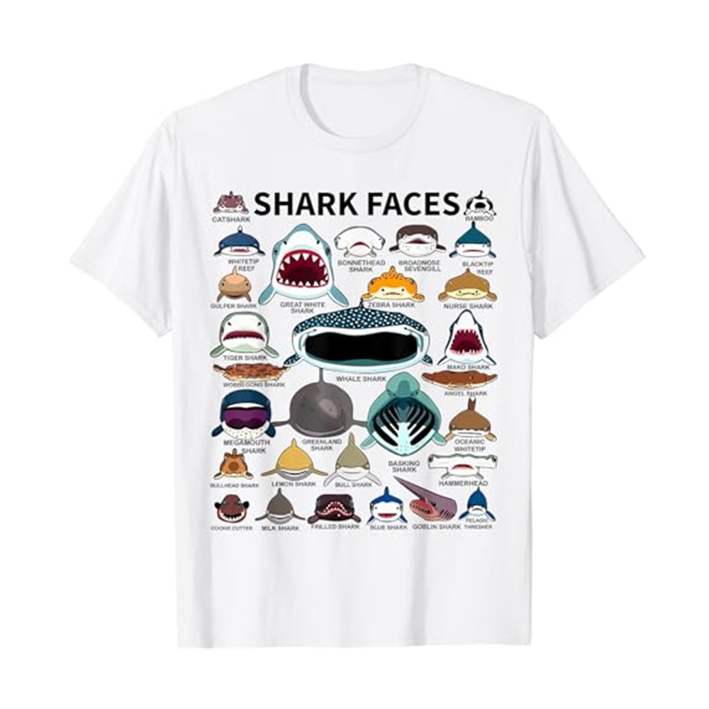 Adult Shark Faces Kinds White Short Sleeve T-shirt Outfits Top Costume