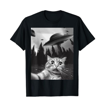Adult Funny Cat Selfie With UFOs  Black Short Sleeve T-shirt Outfits Top Costume