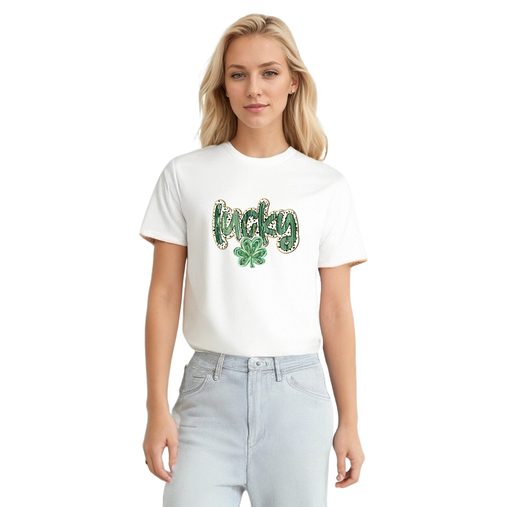 Glitter Lucky Shamrock Coquette Adult Unisex St. Patrick's Day White T-shirt