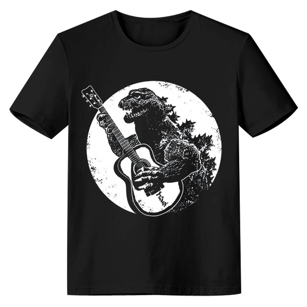 Adult Unisex Funny Vintage Guitar Dinosaur Playing Guitar Cool Rock Band Music Festival Black T-shirt Costume