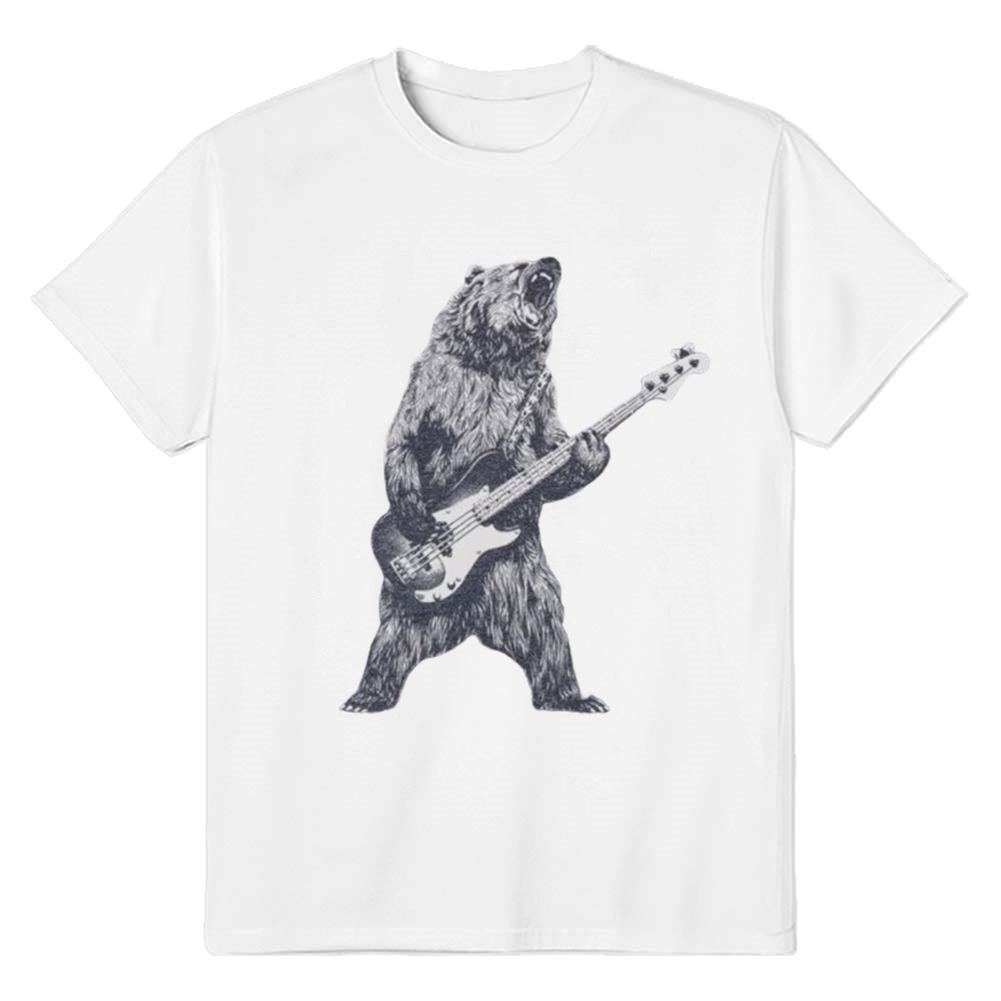 Adult Unisex Bear Playing Bass Guitar  Music Festival White T-shirt Costume