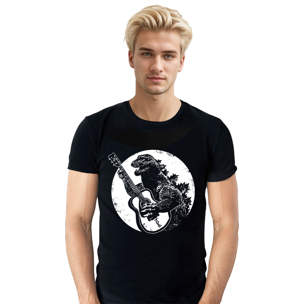 Adult Unisex Funny Vintage Guitar Dinosaur Playing Guitar Cool Rock Band Music Festival Black T-shirt Costume