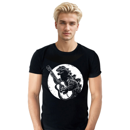 Adult Unisex Funny Vintage Guitar Dinosaur Playing Guitar Cool Rock Band Music Festival Black T-shirt Costume