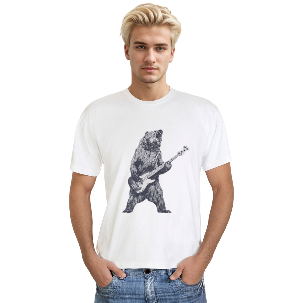 Adult Unisex Bear Playing Bass Guitar  Music Festival White T-shirt Costume