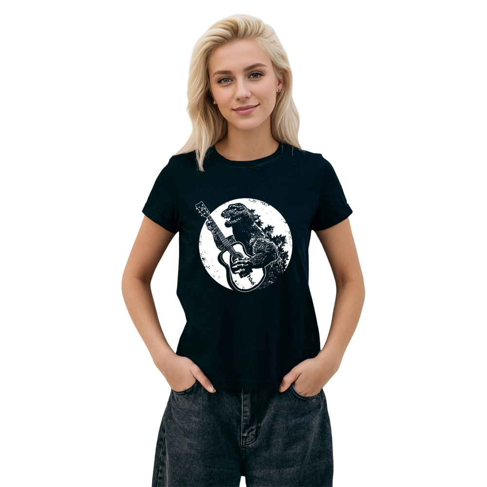 Adult Unisex Funny Vintage Guitar Dinosaur Playing Guitar Cool Rock Band Music Festival Black T-shirt Costume