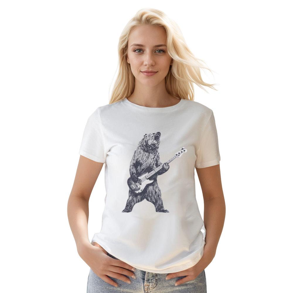 Adult Unisex Bear Playing Bass Guitar  Music Festival White T-shirt Costume