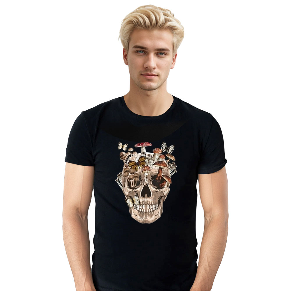 Adult Unisex Horror Mushroom Skull Halloween Black T-shirt Costume
