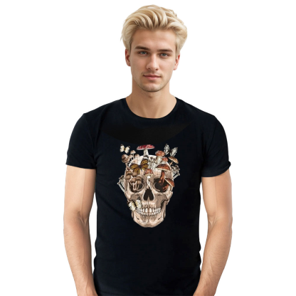 Adult Unisex Horror Mushroom Skull Halloween Black T-shirt Costume