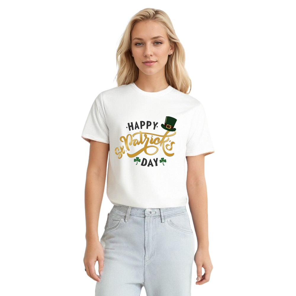 Adult Unisex St. Patrick's Day Happy Clover White T-shirt