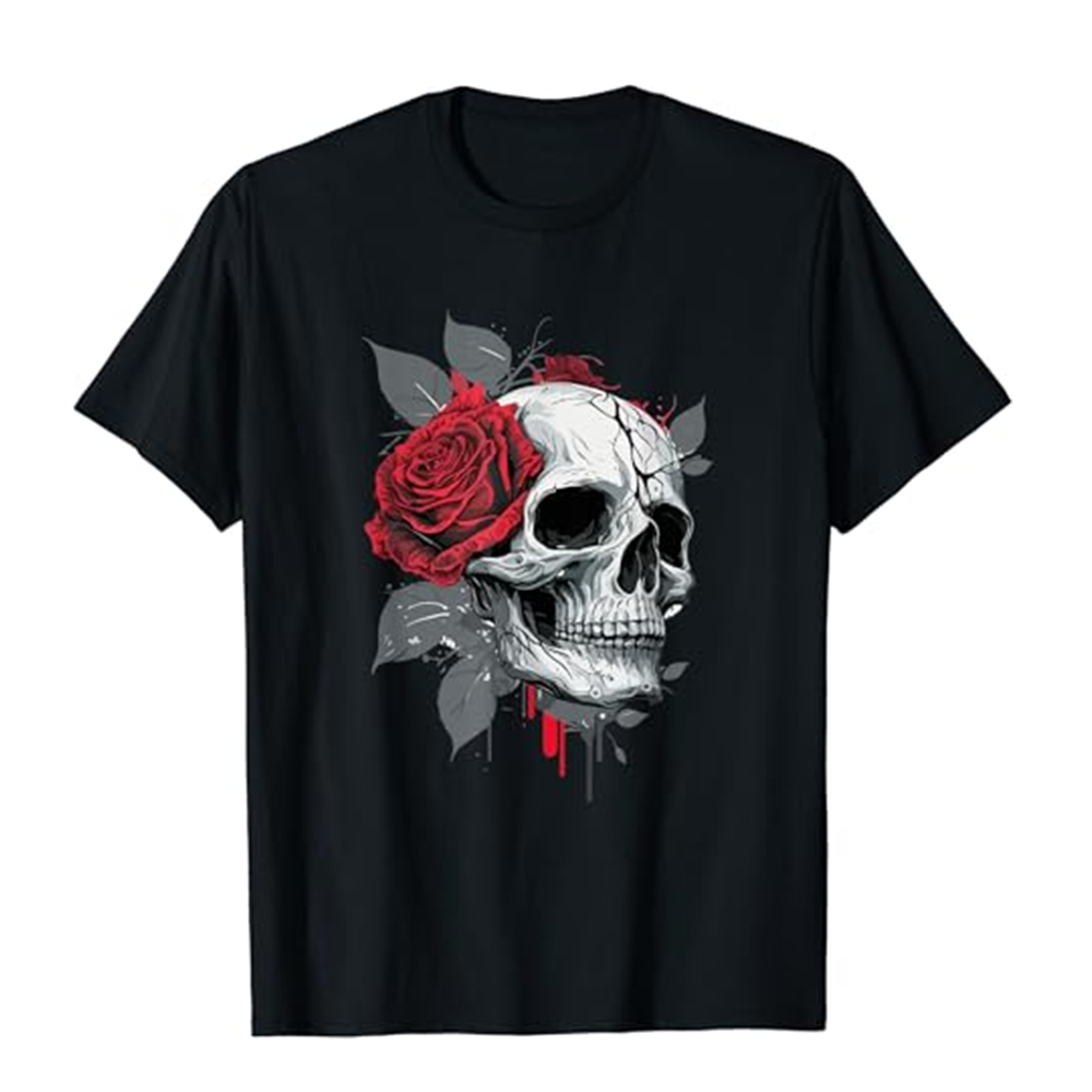 Adult Unisex Rose Skeleton Horror Skull Halloween Black T-shirt Costume