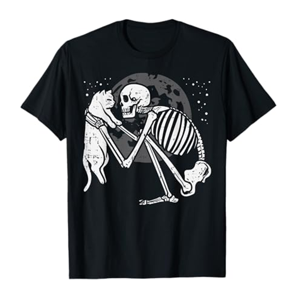 Adult Unisex Skeleton Cat Skull Halloween Black T-shirt Costume
