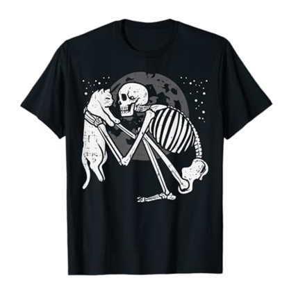 Adult Unisex Skeleton Cat Skull Halloween Black T-shirt Costume