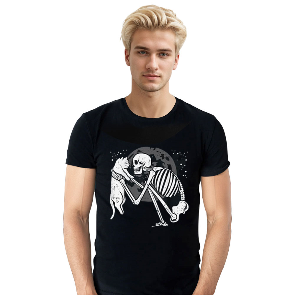 Adult Unisex Skeleton Cat Skull Halloween Black T-shirt Costume