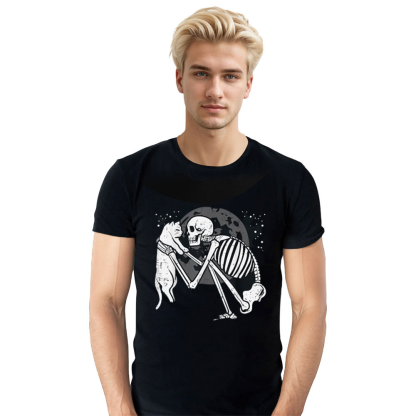 Adult Unisex Skeleton Cat Skull Halloween Black T-shirt Costume