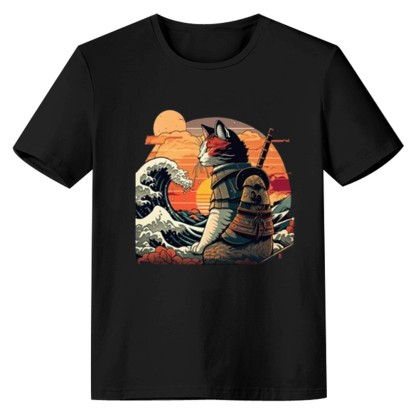 Adult Unisex Retro Samurai Cat Pet Lover Black T-shirt Costume