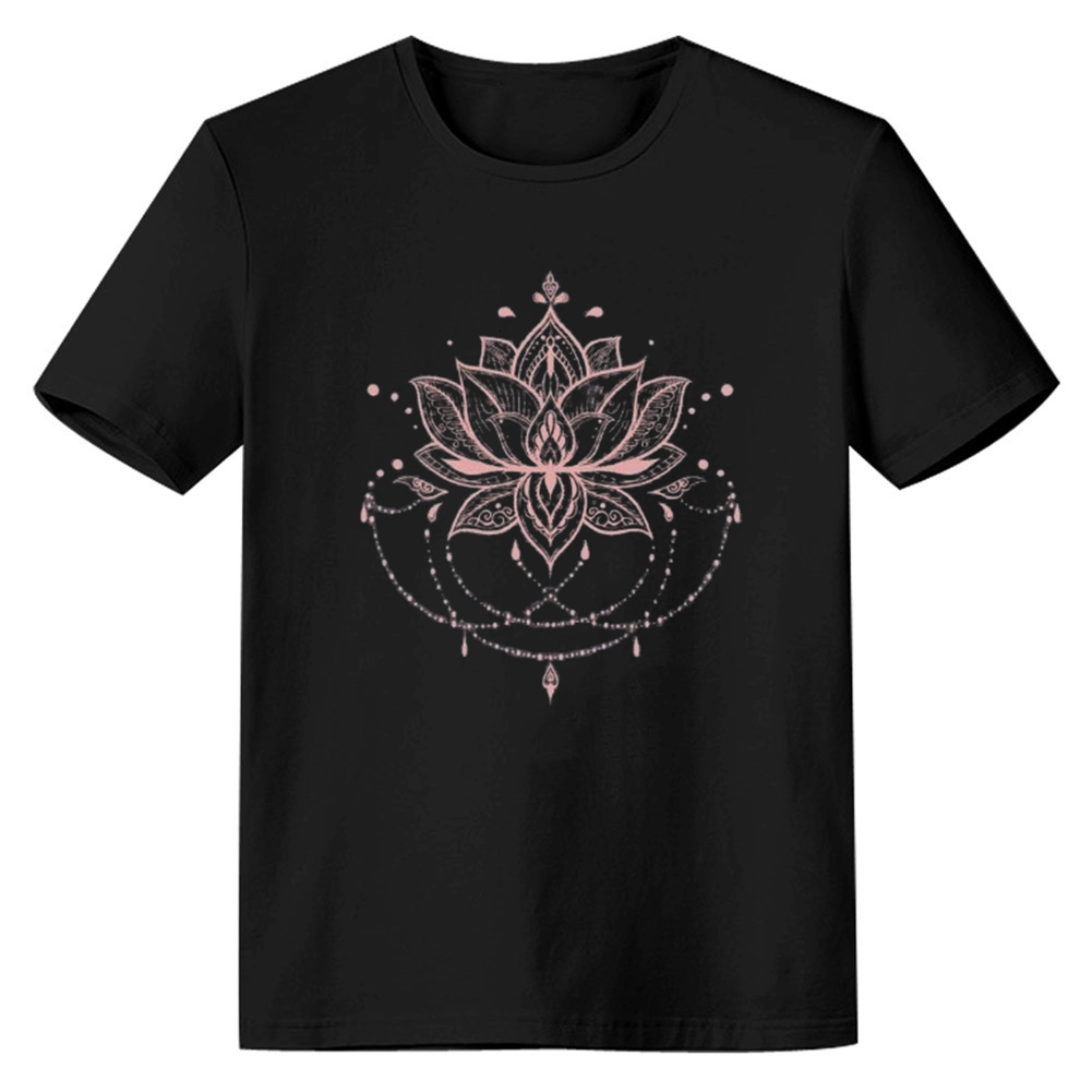 Adult Women Casual And Simple Lotus Pattern Summer Black T-shirt Costume