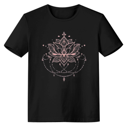 Adult Women Casual And Simple Lotus Pattern Summer Black T-shirt Costume