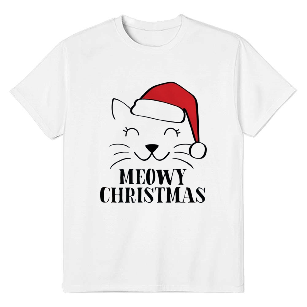 Adult Unisex Meowy Christmas Cute Cat Xmas White Festival T-shirt
