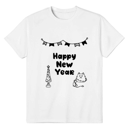 Adult Unisex Happy New Year Cat White Pet Lover T-shirt