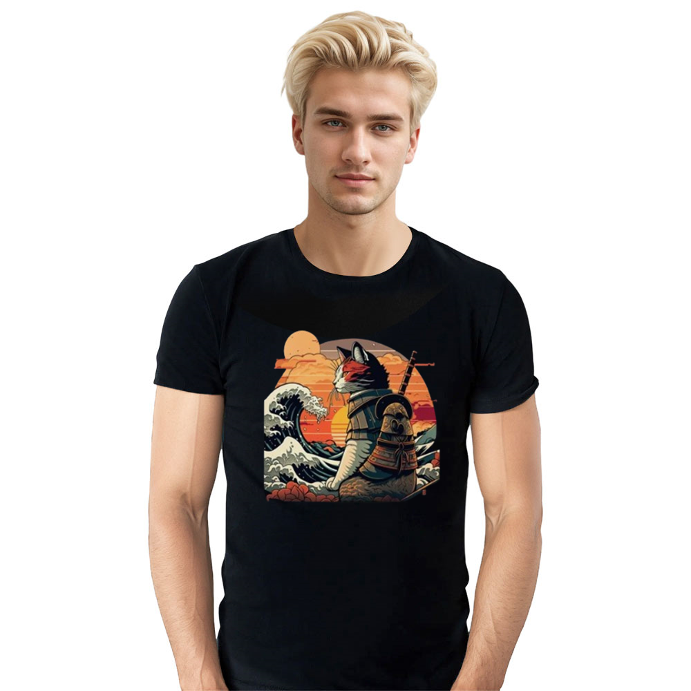 Adult Unisex Retro Samurai Cat Pet Lover Black T-shirt Costume