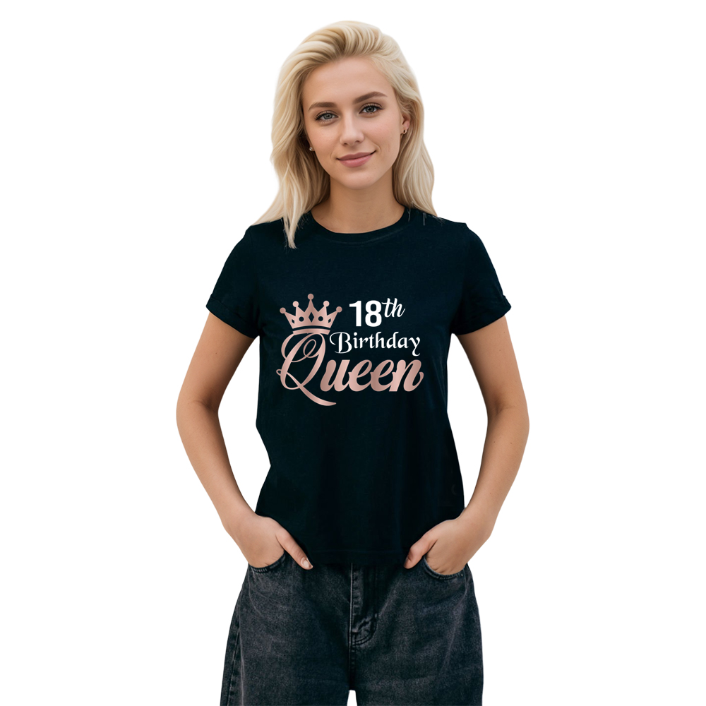 Adult Woman 18th Birthday Queen Party Black Short Sleeve T-shirt 