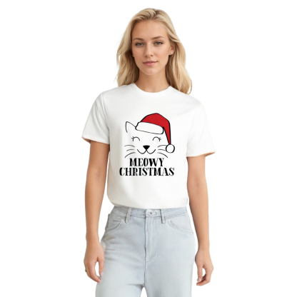 Adult Unisex Meowy Christmas Cute Cat Xmas White Festival T-shirt