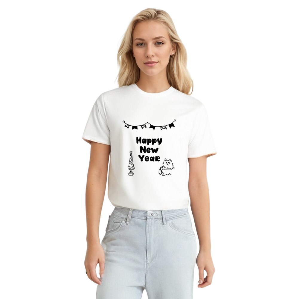 Adult Unisex Happy New Year Cat White Pet Lover T-shirt