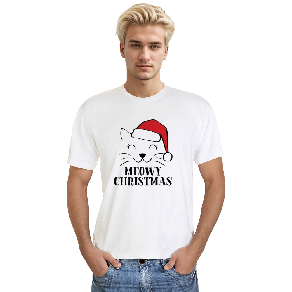 Adult Unisex Meowy Christmas Cute Cat Xmas White Festival T-shirt