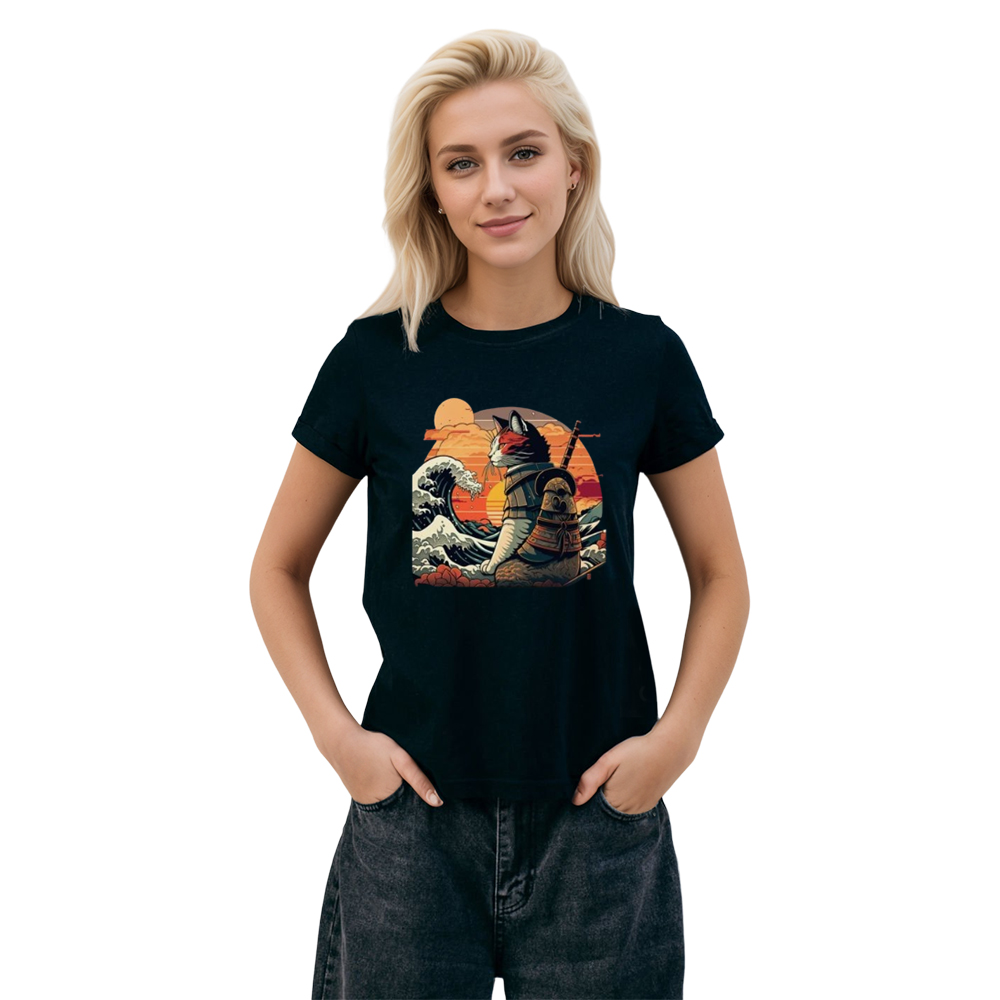 Adult Unisex Retro Samurai Cat Pet Lover Black T-shirt Costume