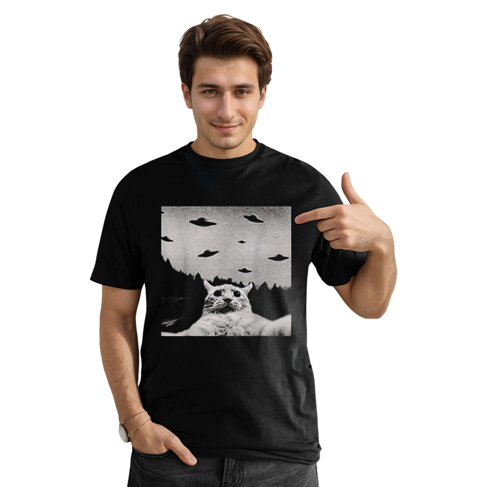 Adult Alien Cat UFO Black Short Sleeve T-shirt Outfits Top Costume