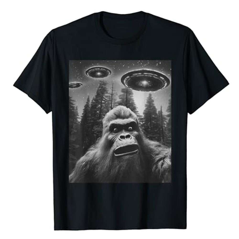 Adult Unisex Funny Bigfoot Sasquatch Alien UFO Wild Animals Monkey Black T-shirt Costume