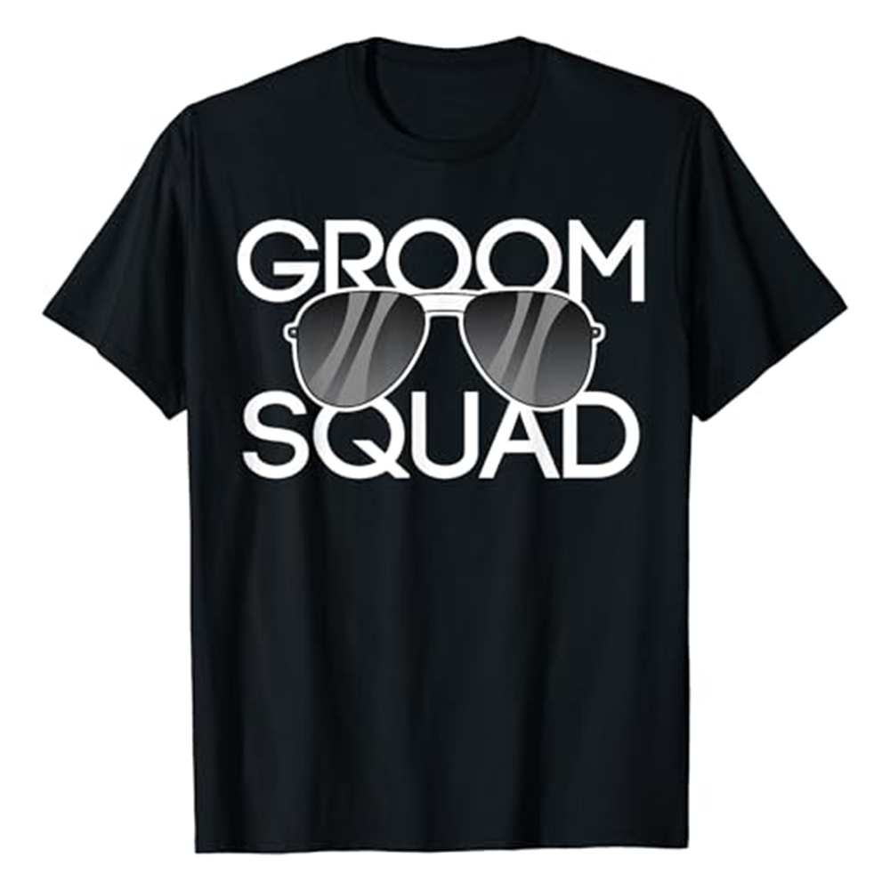 Adult Bachelor Groom Squad Sunglasses Wedding Party Black T-shirt Costume