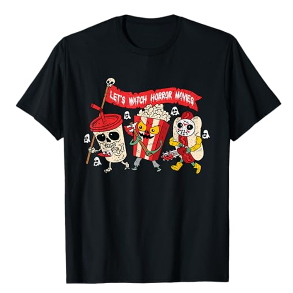 Adult Unisex Lets Watch Horror Movies Funny Halloween Black T-shirt Costume
