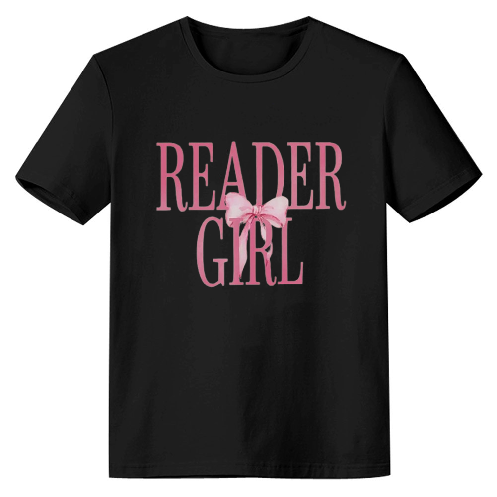 Adult Woman Summer Cute Bow Reader Girl Black T-shirt Costume