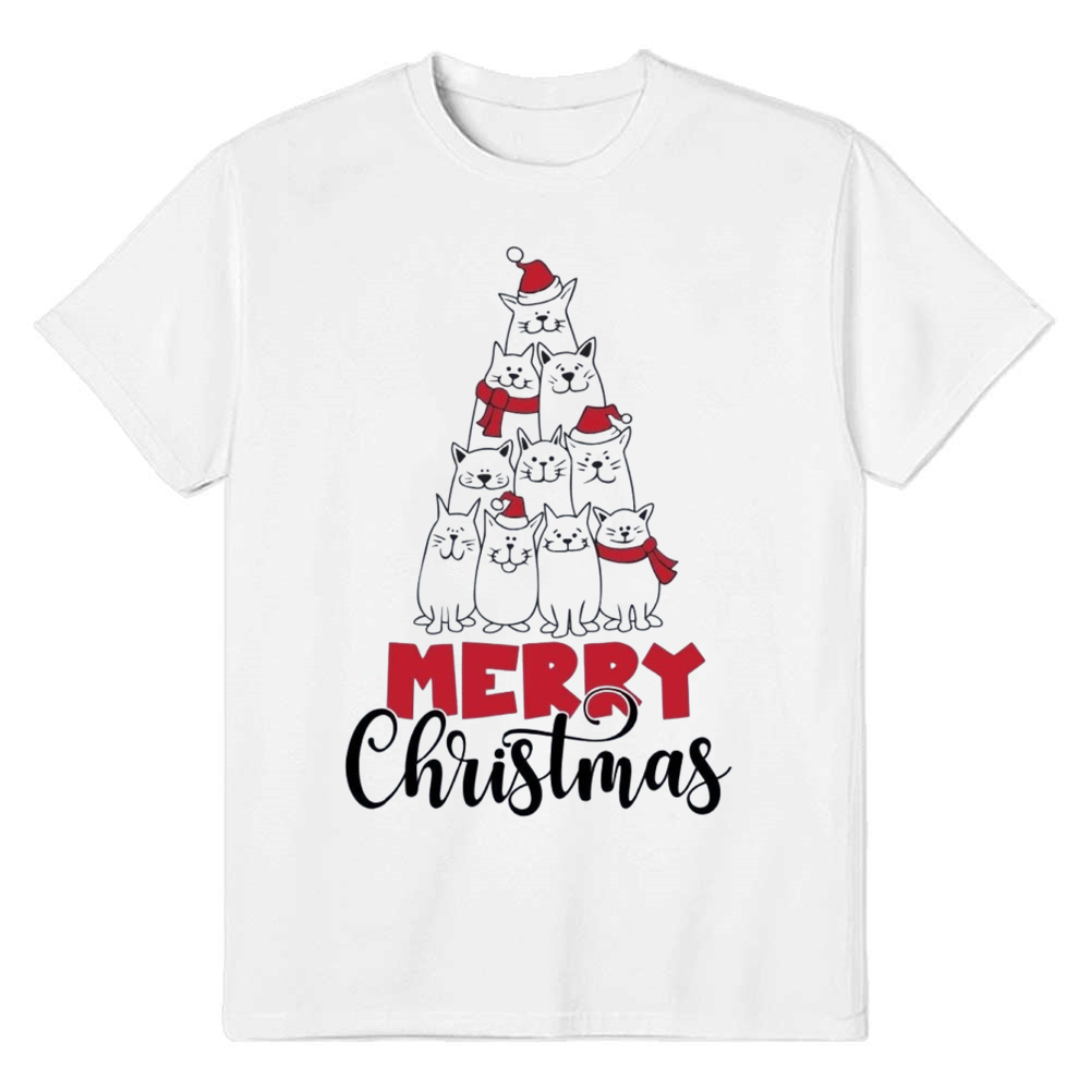 Adult Unisex Cat Christmas Tree Cat Lover Xmas White Festival T-shirt
